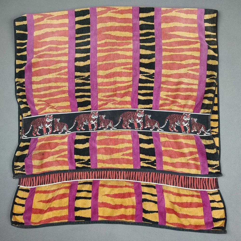 Vintage Tropical Escape Beach Towel Bengal Tiger Print Heavy Cotton XL 34x65